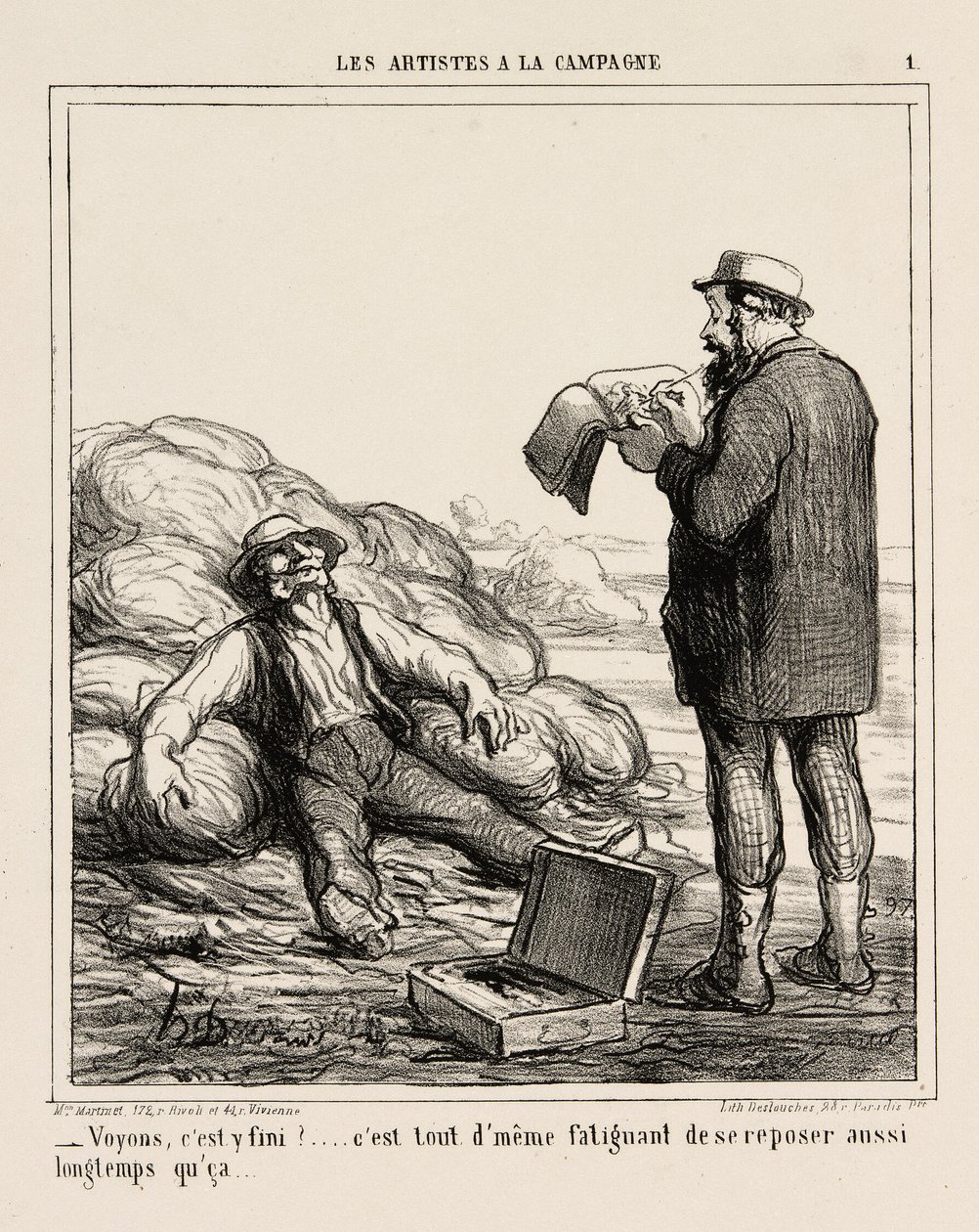 "- Nå, er du endelig færdig... det er trods alt trættende at slappe af i så lang tid," plade 1 fra Les Artistes A La Campagne af Honoré Victorin Daumier