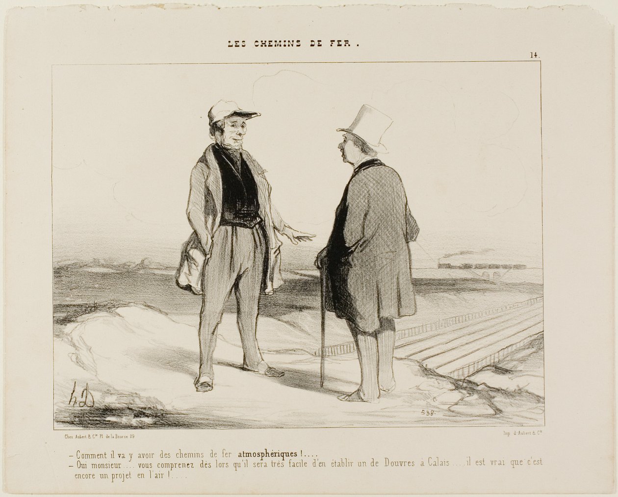 "- Hvad mener du med, at der snart kommer flytog - Men selvfølgelig, Monsieur... ser du, så vil det være meget nemt at etablere en forbindelse mellem Dover og Calais... men selvfølgelig er projektet stadig svævende i luften," plade 14 fra The Railr af Honoré Victorin Daumier