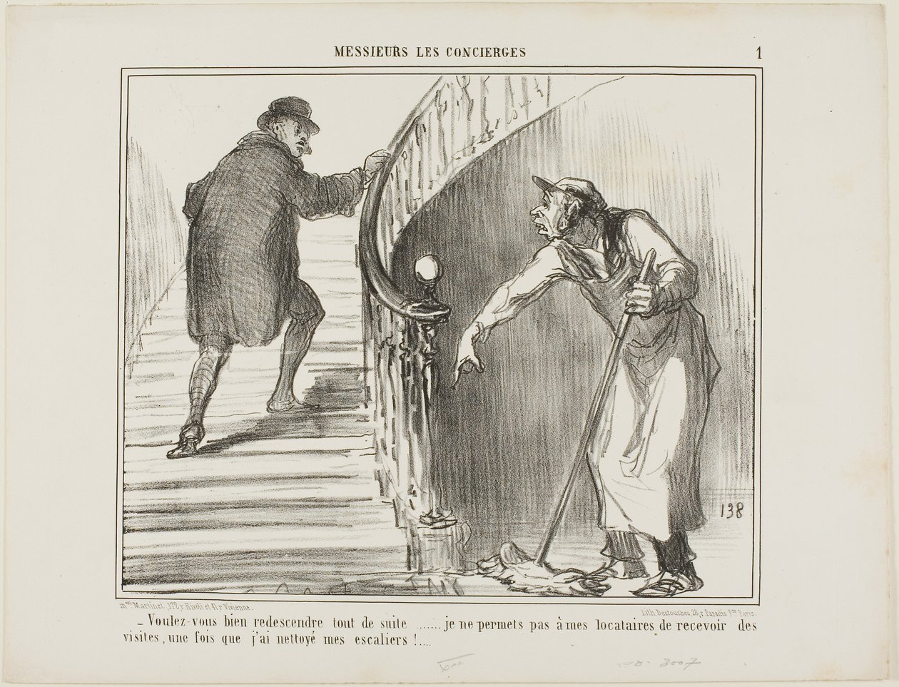 "- Vil De venligst komme tilbage med det samme... Jeg tillader ikke mine lejere at modtage besøg, når jeg har gjort rent i opgangen," plade 1 fra Messieurs Les Concierges af Honoré Victorin Daumier