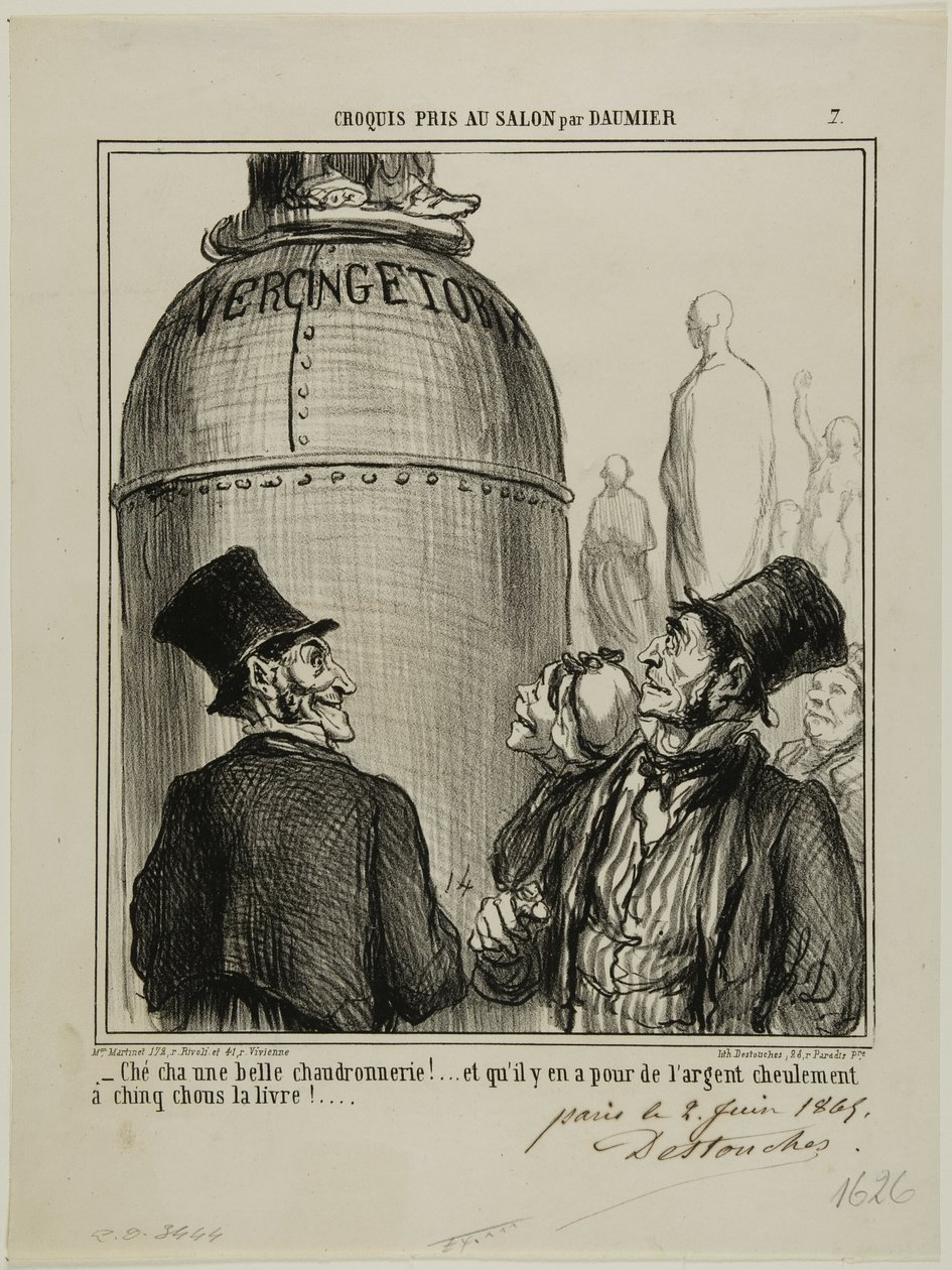 "- Jep ... det er, hvad jeg kalder et pragtfuldt job.... og for kun fem sous pr. pund ... får du virkelig noget for pengene!", plade 7 fra Croquis Pris Au Salon par Daumier af Honoré Victorin Daumier