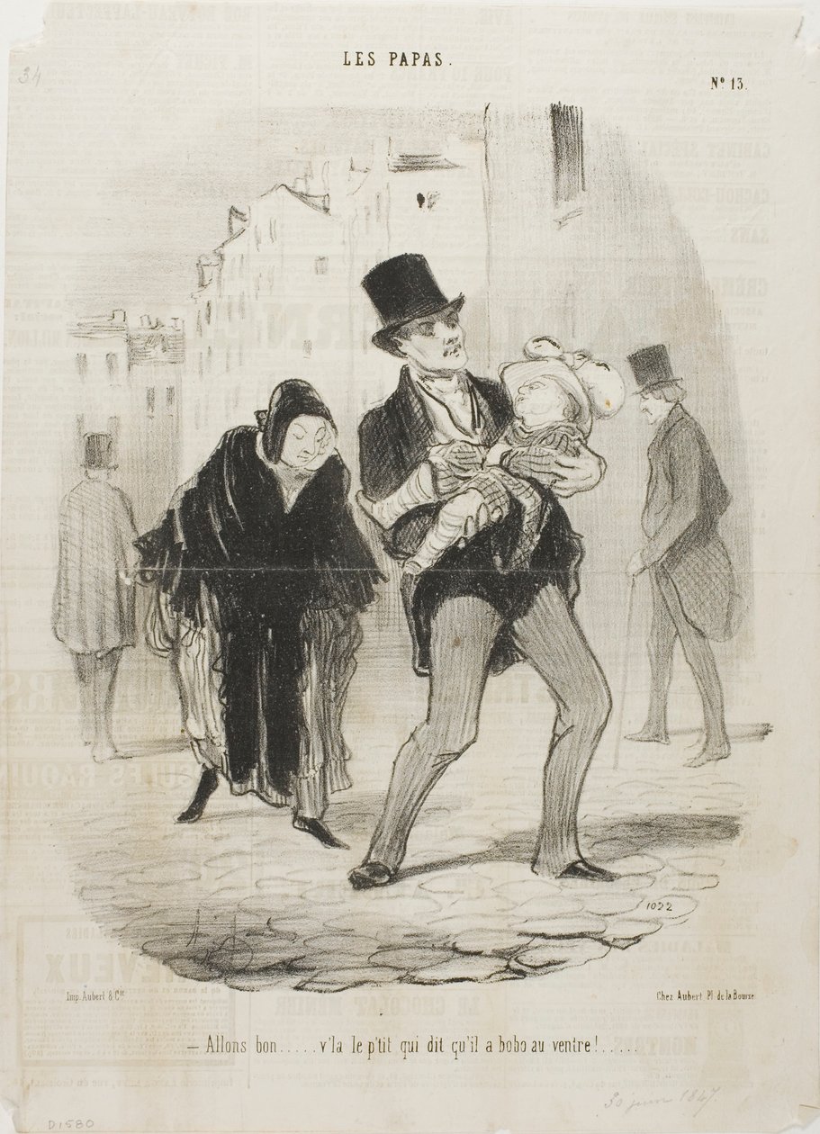 "- Ja okay, men den stakkels dreng har ondt i maven," plade 13 fra Les Papas af Honoré Victorin Daumier