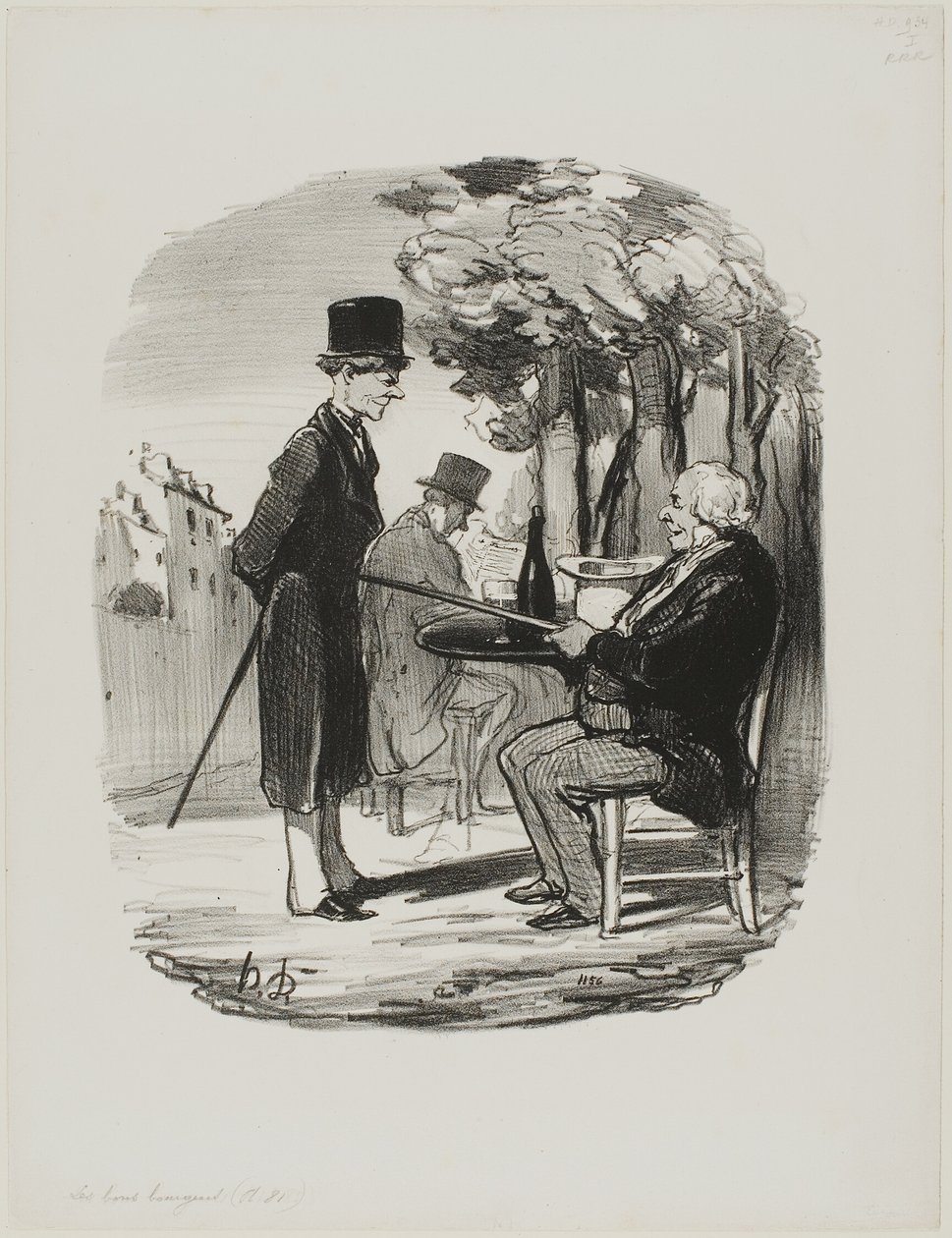 "- Du får ikke din flaske øl sammen med os i aften... Jeg kan se, at du har et privat middagsselskab i dag, din slyngel...", plade 81 fra Les Bons Bourgeois af Honoré Victorin Daumier