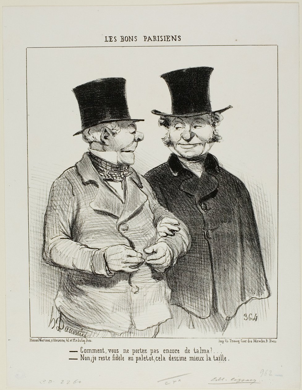 "- Du har ikke en Talma på endnu - Nej, jeg er fortsat loyal over for frakken, den er mere flatterende for min talje," plade 1 fra Les Bons Parisiens af Honoré Victorin Daumier