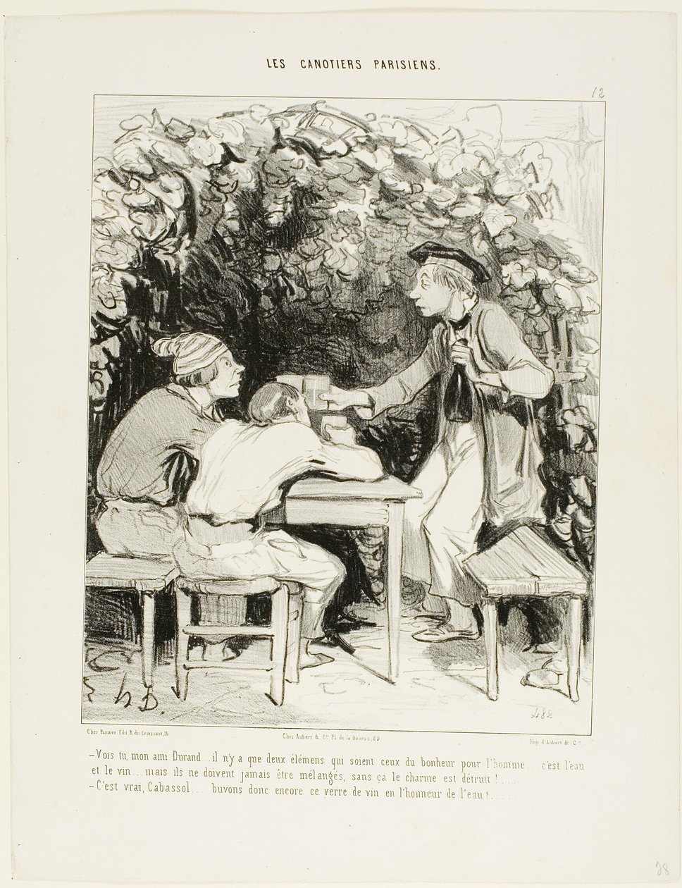 "- Ser du, min ven Durand.... der er kun to vigtige komponenter i lykken for en mand: vand og vin ... men de må aldrig blandes, ellers mister de deres charme. - Ganske rigtigt, Cabassol.... lad os drikke endnu et glas vin til ære for wat af Honoré Victorin Daumier