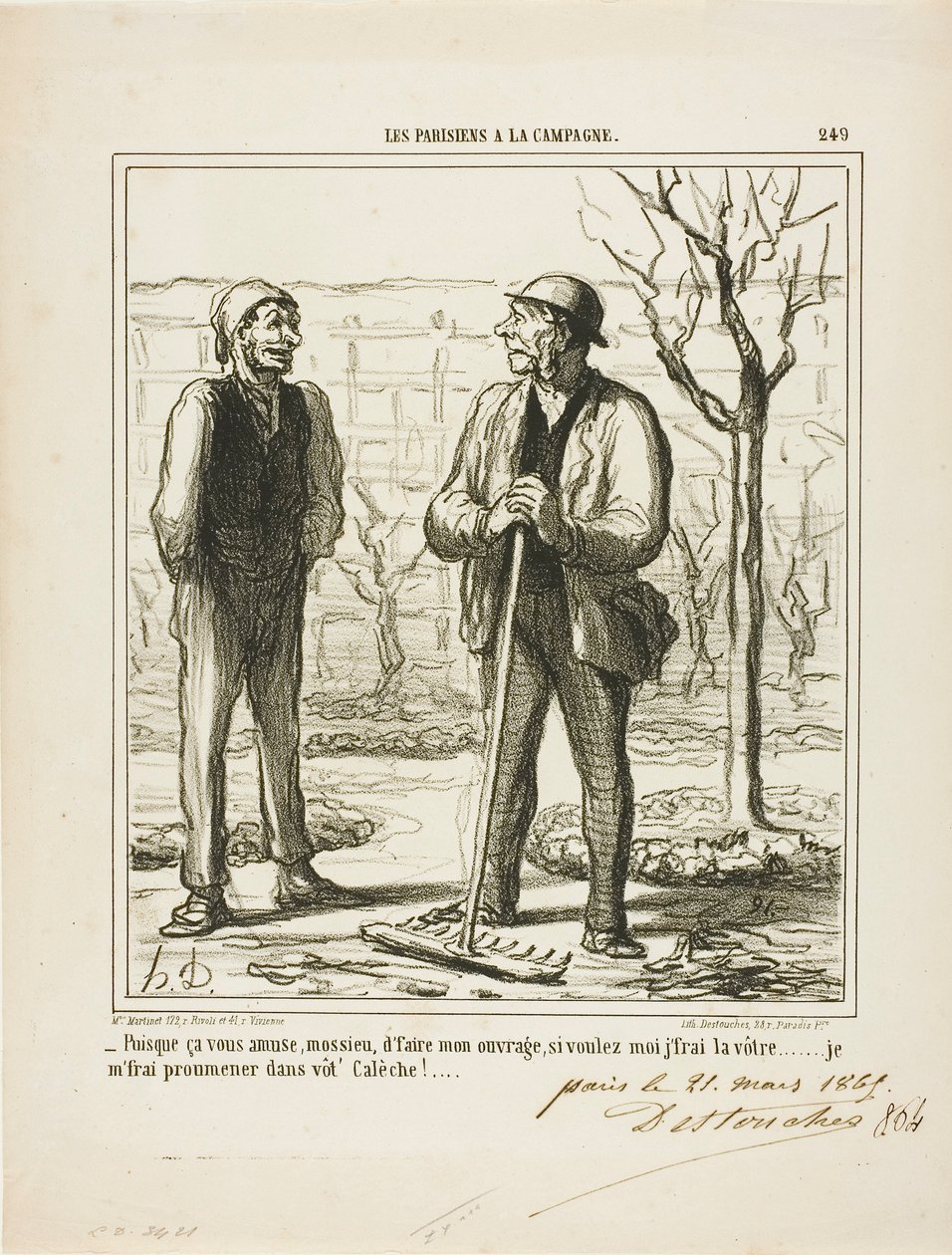 "- Du ser ud til at nyde at gøre mit arbejde. Til gengæld kunne jeg tilbyde at gøre dit arbejde: Jeg vil køre en tur i din vogn!", plade 249 fra Les Parisiens A La Campagne af Honoré Victorin Daumier