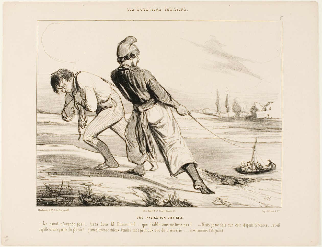 En vanskelig navigation. "- Båden bevæger sig ikke! Træk Dumouchel, træk.... hvorfor fanden trækker du ikke! - Men jeg har ikke lavet andet i de sidste tre timer!.... og det her kaldes en fornøjelsestur! Jeg vil hellere sælge mine svesker i rue de la Verre af Honoré Victorin Daumier