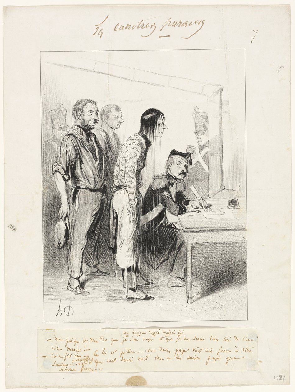 En mand reddet mod sin vilje, plade syv fra Les Canotiers Parisiens af Honoré Victorin Daumier