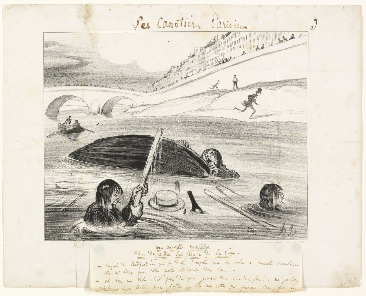 En ny måde at flyde ned ad livets flod på, planche tre fra Les Canotiers Parisiens af Honoré Victorin Daumier