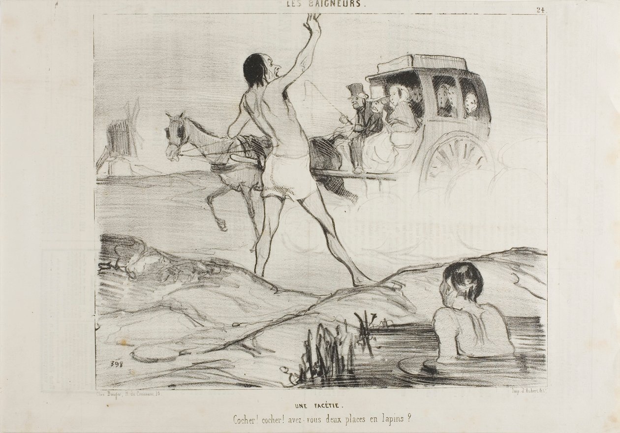 En praktisk vittighed. "Chauffør! Chauffør! Har du stadig to pladser i kaninafdelingen", plade 24 fra Les Baigneurs af Honoré Victorin Daumier