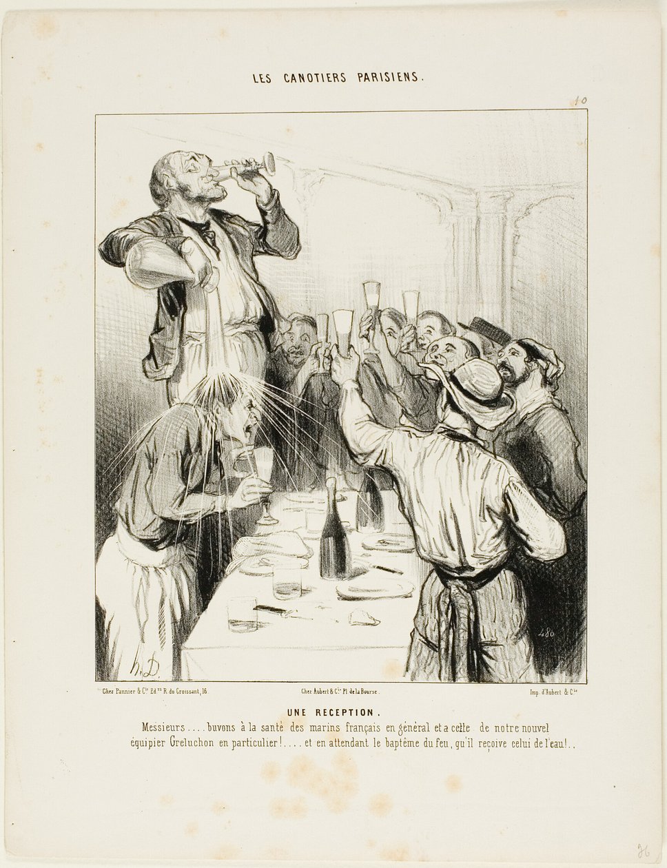 En reception. "Mine herrer..... lad os skåle for de franske sejleres helbred i almindelighed og for den nye holdkammerat Greluchon i særdeleshed!.... og mens vi venter på hans ilddåb, giver vi ham i mellemtiden en med vand," plade 10 fra Les Canoti af Honoré Victorin Daumier