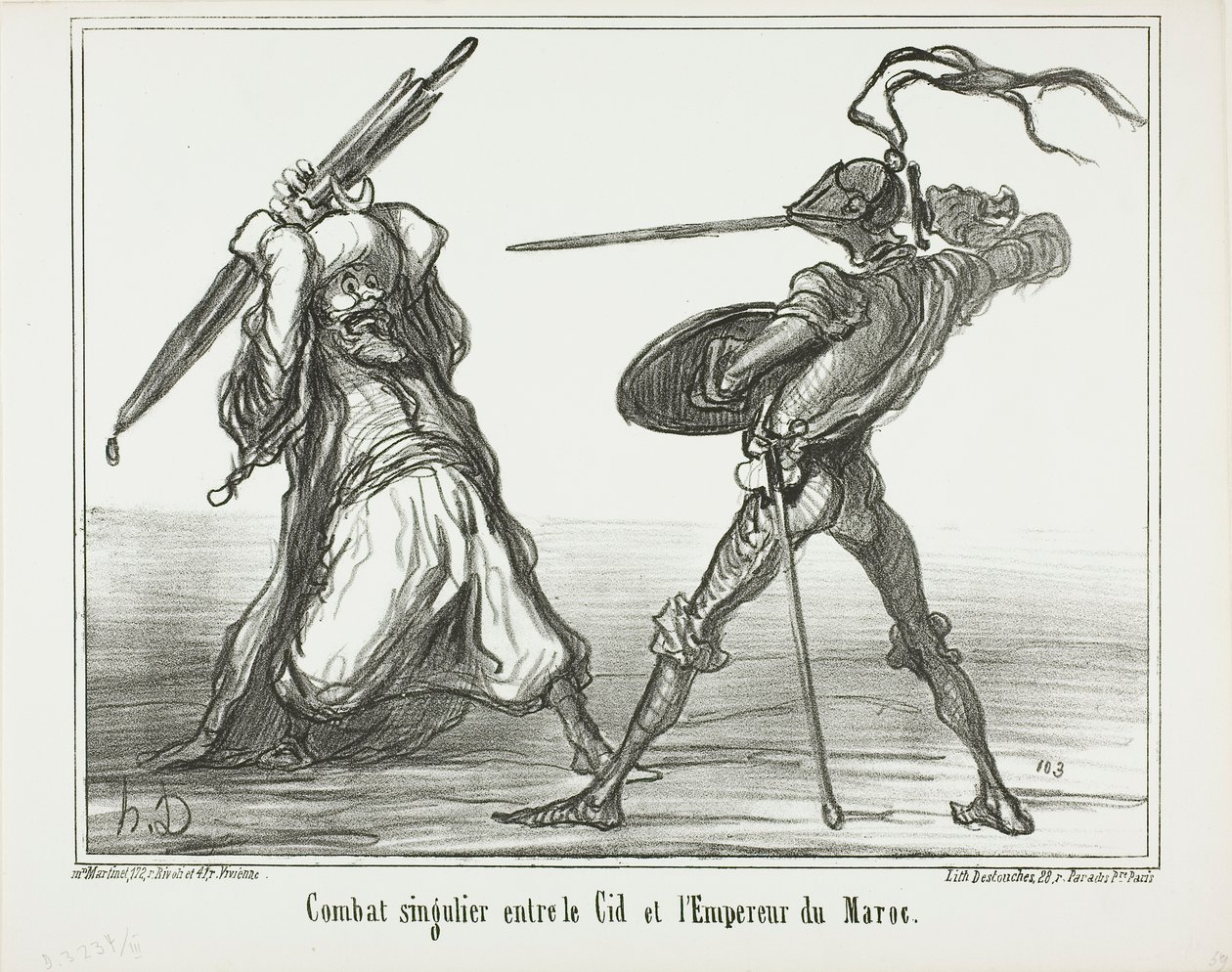 Et usædvanligt slag mellem El Cid og kejseren af Marokko, planche 117 fra Actualités af Honoré Victorin Daumier