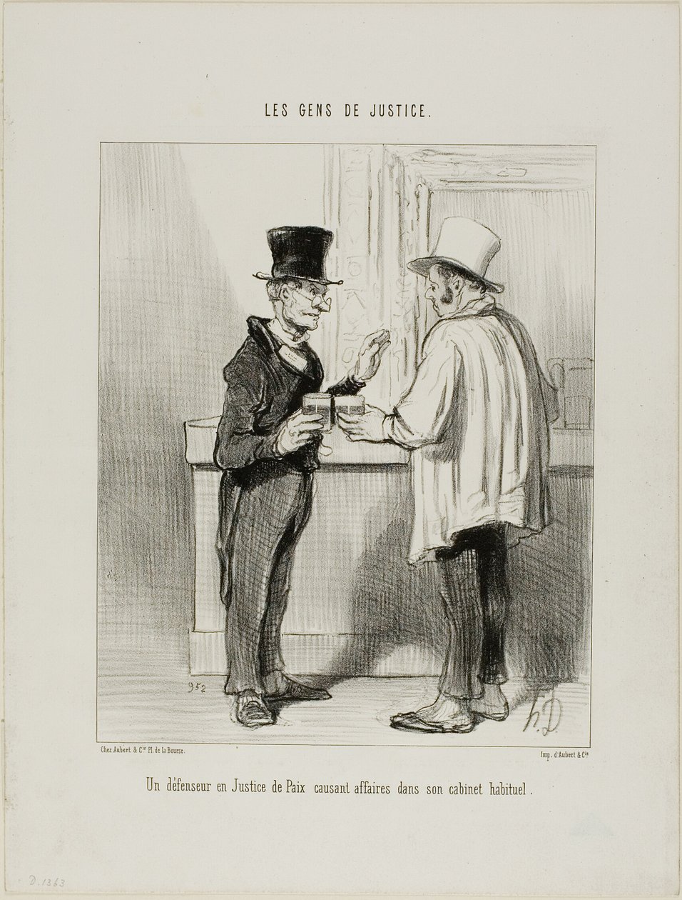 En forsvarsadvokat ved voldgiftsretten diskuterer forretninger i sine sædvanlige kontorlokaler, planche 27 fra Les Gens De Justice af Honoré Victorin Daumier