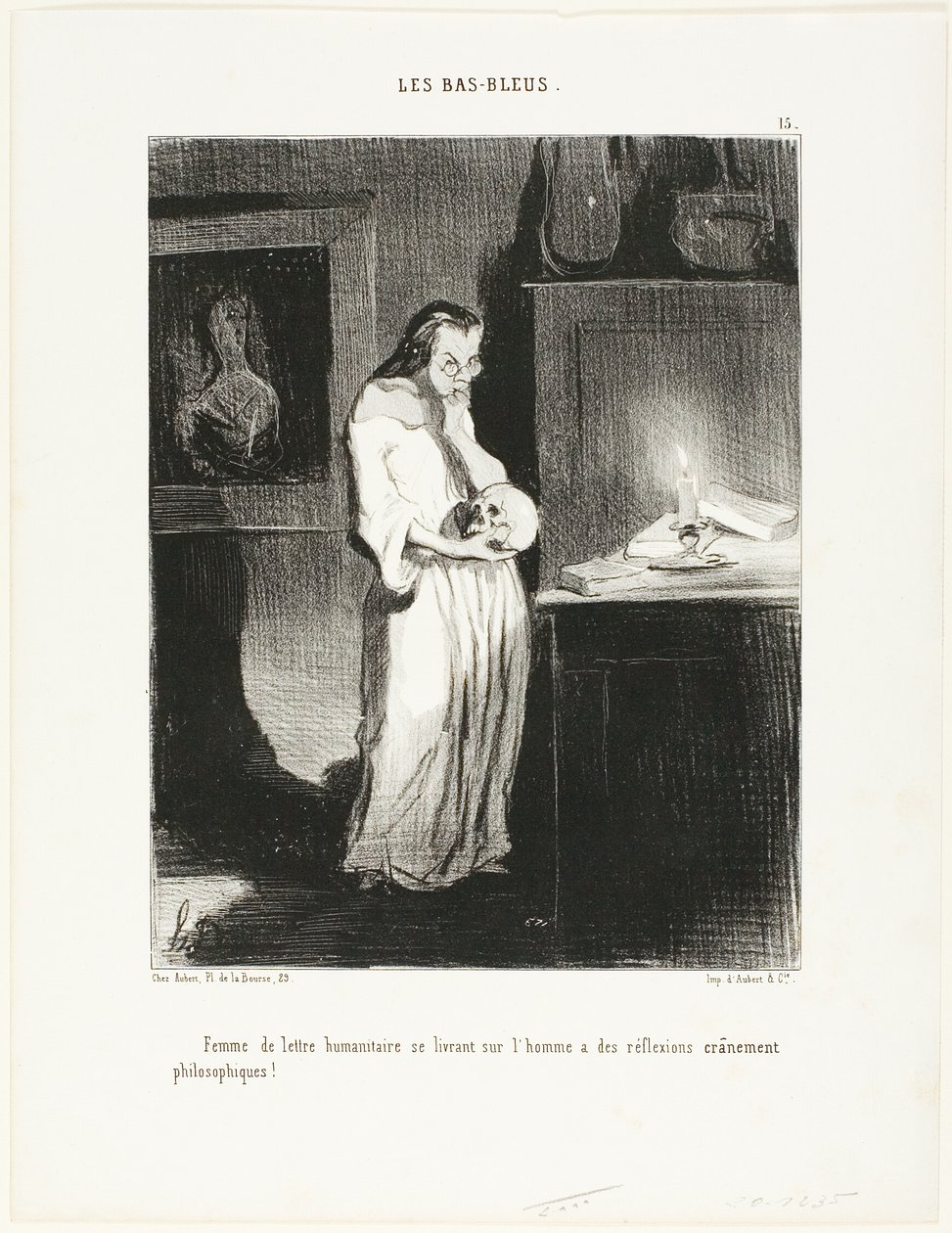 En humanistisk lærd kvinde, der hengiver sig til hjernefilosofiske overvejelser om mennesket, planche 15 fra Les Bas-Bleus af Honoré Victorin Daumier