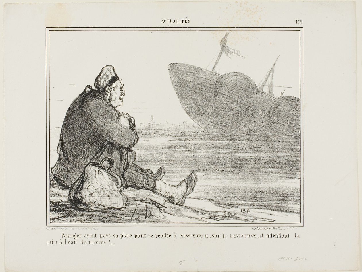 En passager, der har betalt sin billet til NEW YORK på LEVIATHAN, venter på, at skibet endelig bliver sat i vandet, plade 479 fra Actualités af Honoré Victorin Daumier