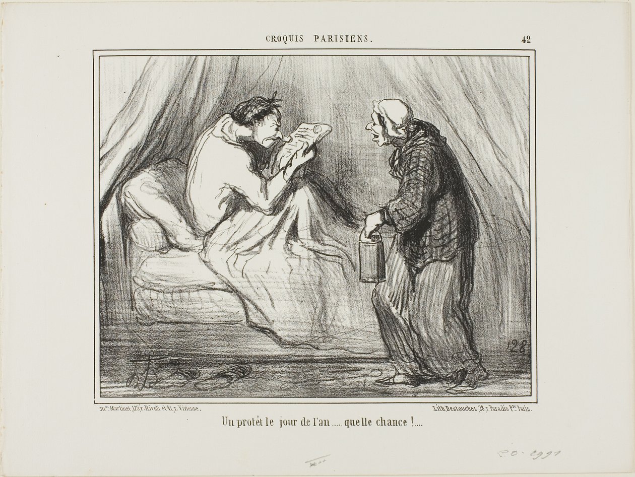"En protest på nytårsdag! Sikke et held! ...........," plade 42 fra Croquis Parisiens af Honoré Victorin Daumier
