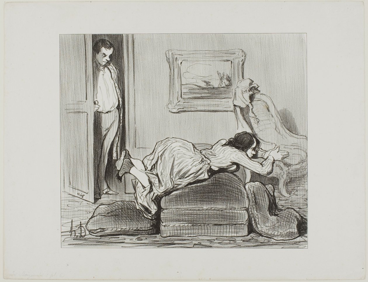 En ivrig studerende øver sig derhjemme, planche 6 fra Les Baigneuses af Honoré Victorin Daumier