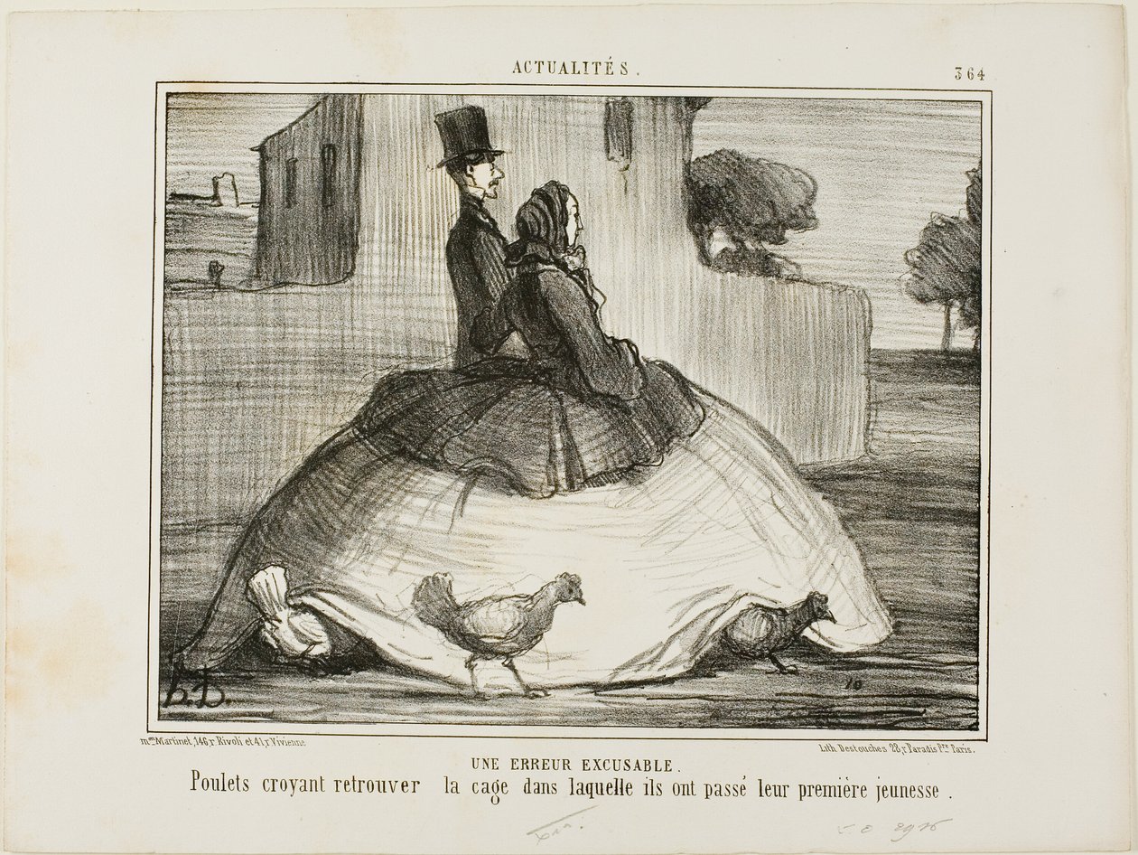 En undskyldelig fejl. Kyllinger, der tror, at de har fundet det bur, hvor de tilbragte deres tidlige barndom, planche 21 fra La Crinolomanie af Honoré Victorin Daumier