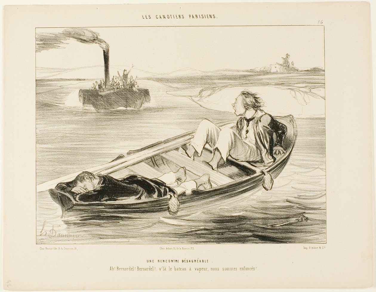 Et ubehageligt møde. "Bernardel, Bernardel! Her kommer damperen ... vi vil synke!", plade 16 fra Les Canotiers Parisiens af Honoré Victorin Daumier