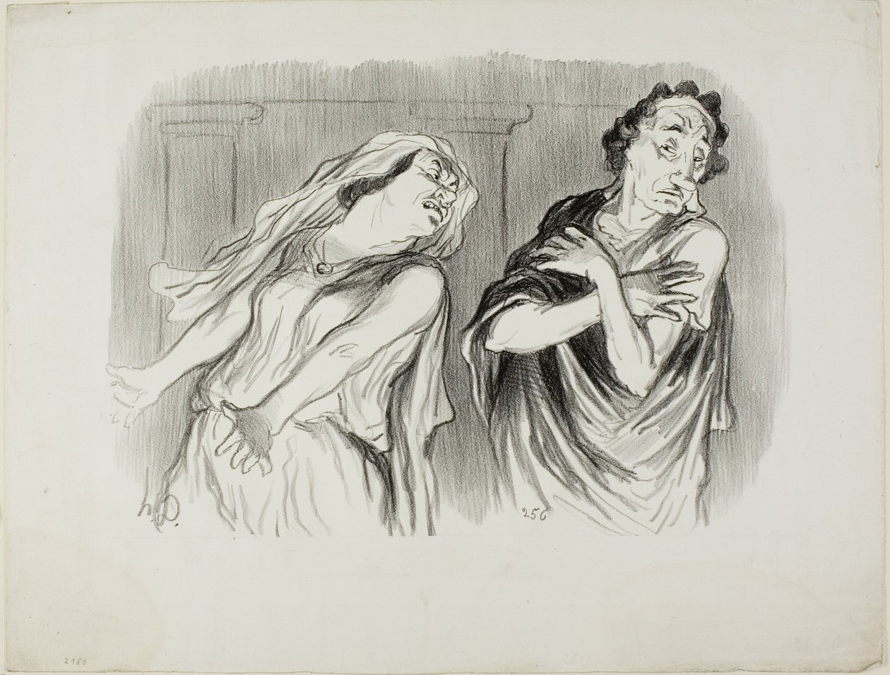 Andromache. "- Vores families skæbne var en ubarmhjertig død, min mand blev tortureret til sidste åndedrag," planche 6 fra Physionomies Tragiques af Honoré Victorin Daumier