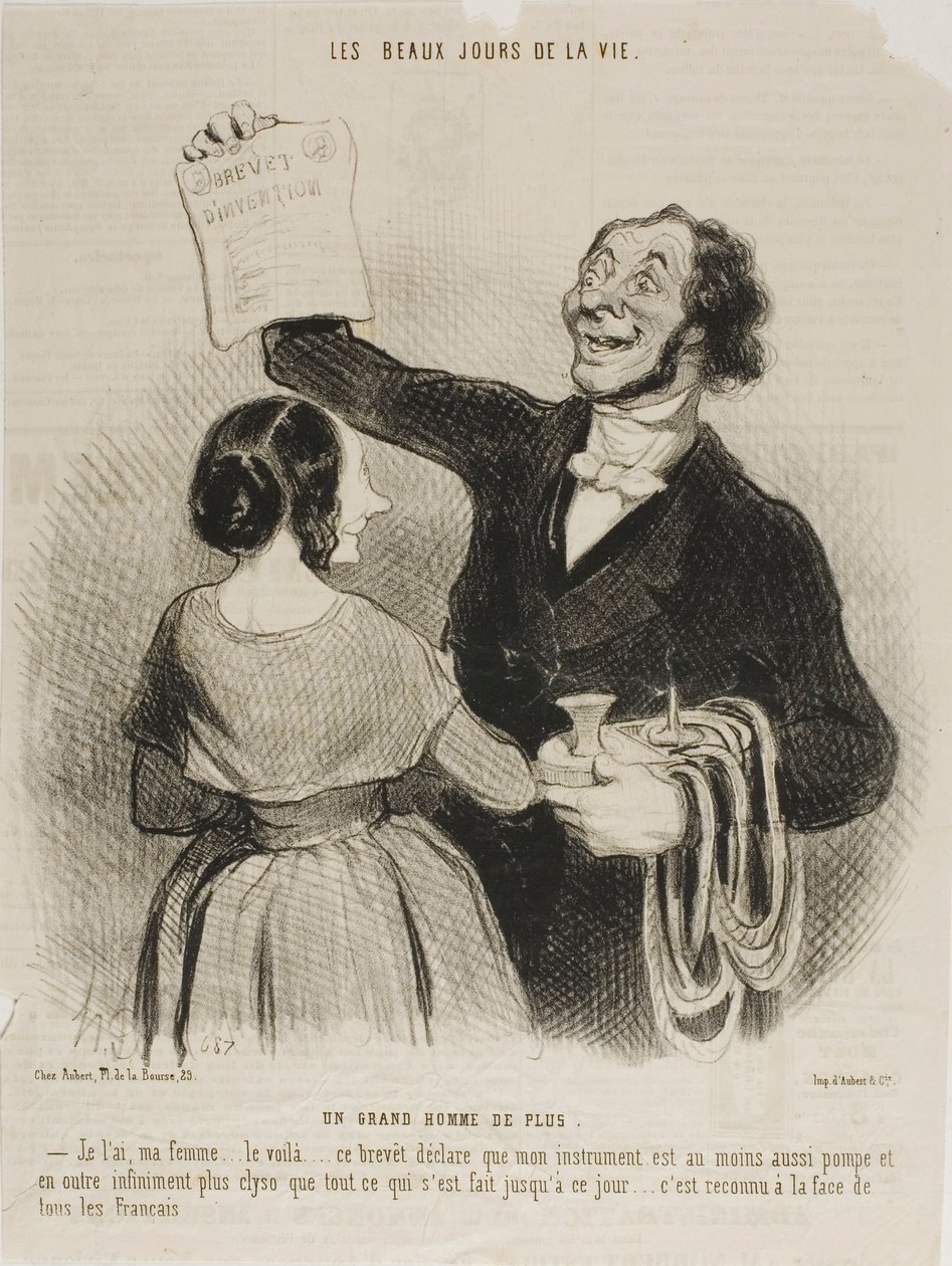 En anden stor mand. "Jeg har det i min hånd, min kære ... her er det i skrift.... dette dokument bekræfter, at min opfindelse er en velpumpet og uendeligt meget mere clysteriseret maskine end noget, der hidtil er opfundet ... alle franskmænd må acceptere d af Honoré Victorin Daumier