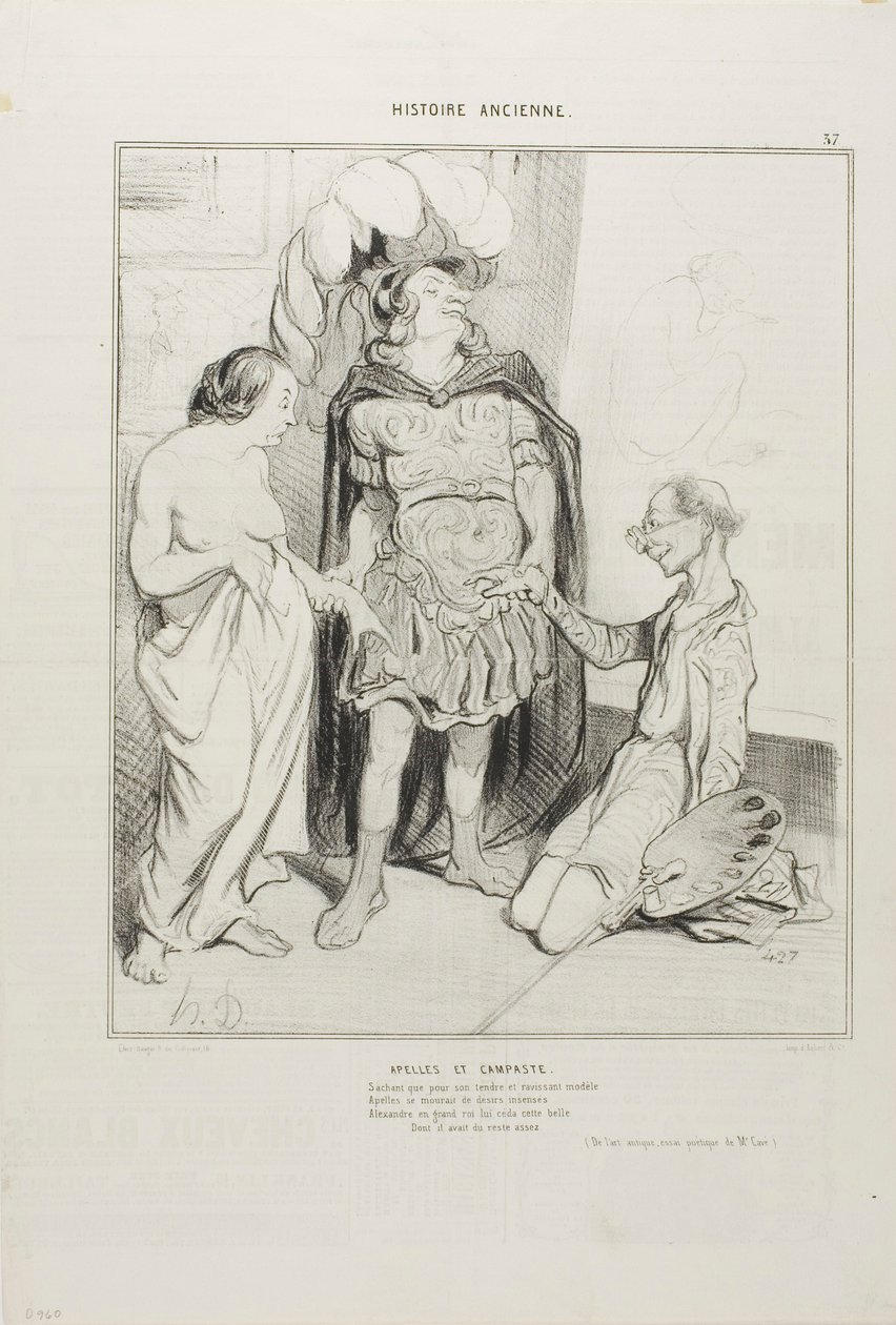 Apelles og Campaste. Alexander var klar over, at Apelles var ved at gå til i kærlighed, og han gav ham Campeste, og over den første kunsthandel nogensinde blev der nu indgået en aftale mellem en kæreste og en skulptur, sikke et held! (Fra Art and the Antiq af Honoré Victorin Daumier