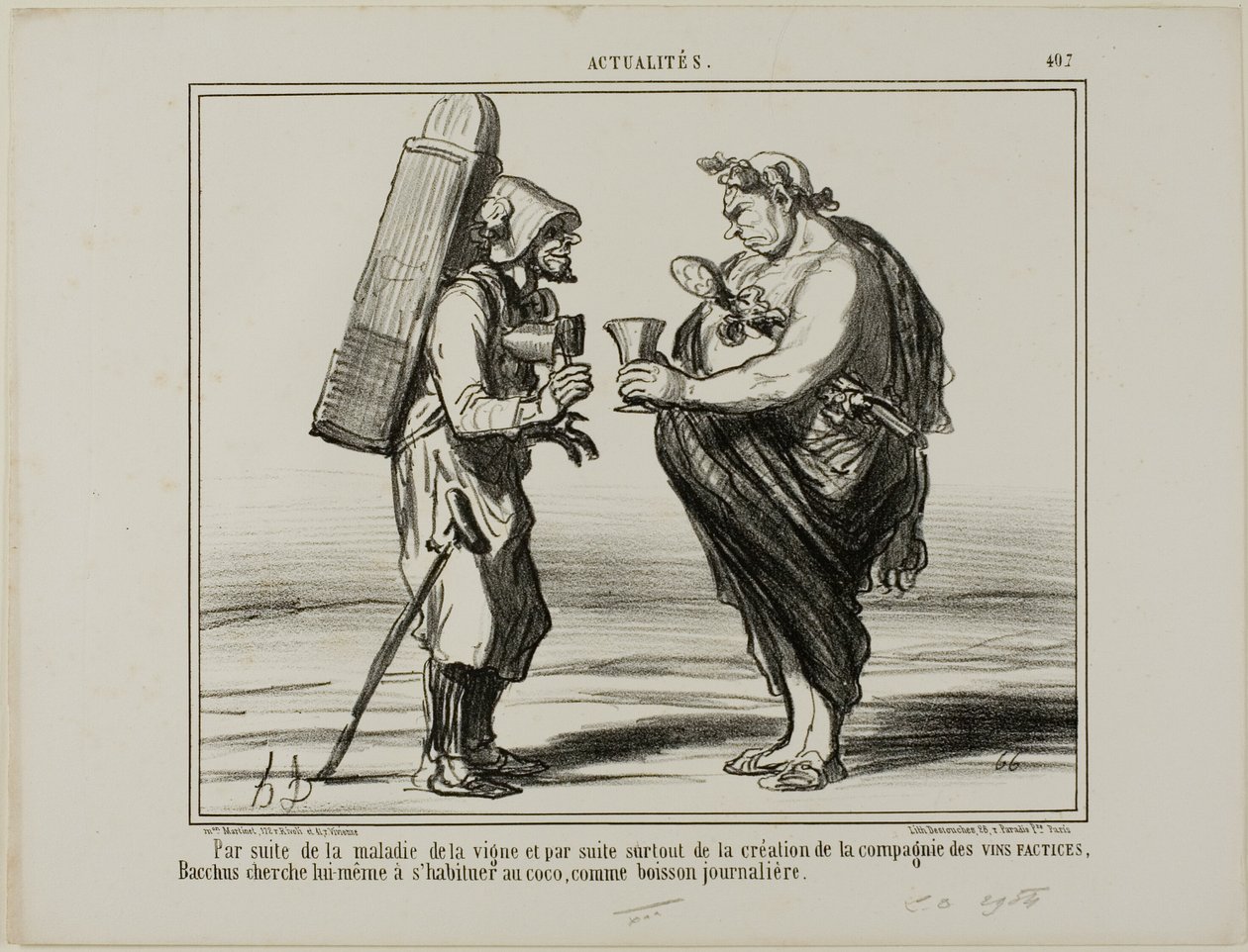 Som en konsekvens af vinsygdommen, men også på grund af grundlæggelsen af "Society for the Production of Artificial Wine", beslutter selv Bacchus sig for at skifte til kokosvand som daglig drik, tallerken 407 fra Actualités af Honoré Victorin Daumier