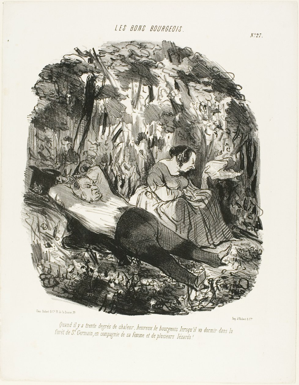 Ved 30 °C er den heldig, der kan flygte og slumre i skoven i Saint-Germain sammen med sin kone og et par firben, tallerken 27 fra Les Bons Bourgeois. af Honoré Victorin Daumier
