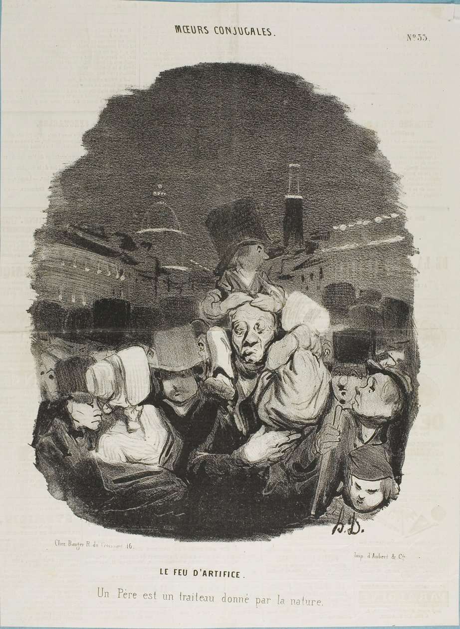 Ved fyrværkeriet. En far er en trækhest, stillet til rådighed af naturen, planche 33 fra Moeurs Conjugales og planche 14 i Actualités af Honoré Victorin Daumier