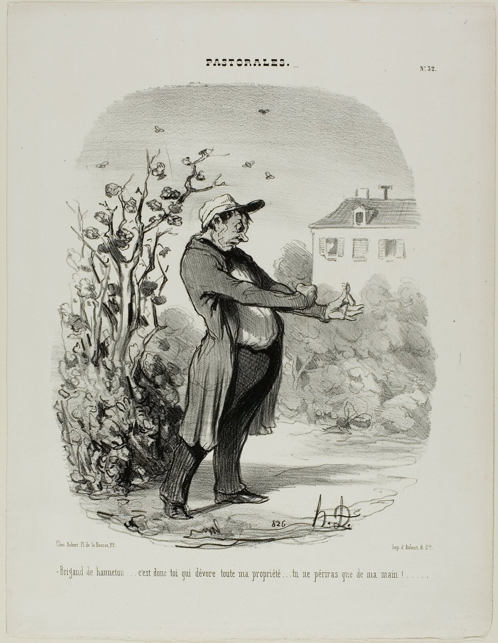 "Røver af en majbille ... det er dig, der fortærer al min ejendom. Du skal gå til grunde gennem min hånd!", plade 32 fra Pastorales af Honoré Victorin Daumier