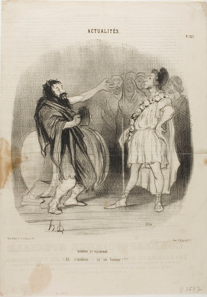 Diogenes og Alkibiades i Odeon. "- Ah... det er moderne.... sikke en mand!", plade 121 fra Actualités af Honoré Victorin Daumier
