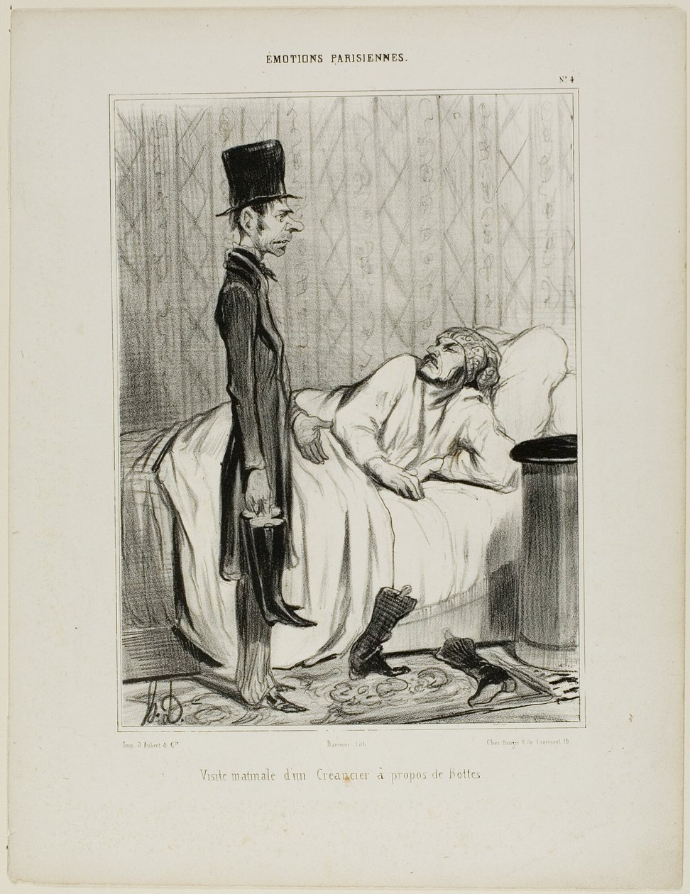Tidligt morgenbesøg af en kreditor angående støvlerne, planche 4 fra Émotions Parisiennes af Honoré Victorin Daumier