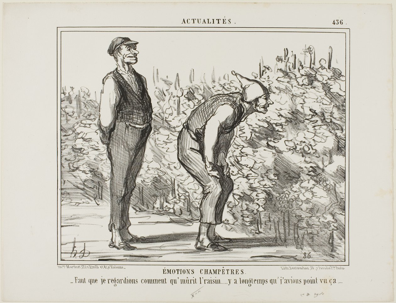 Følelser fra landskabet. "- Må se, hvordan vinen vokser ... har aldrig set det før ...", plade 436 fra Actualités af Honoré Victorin Daumier