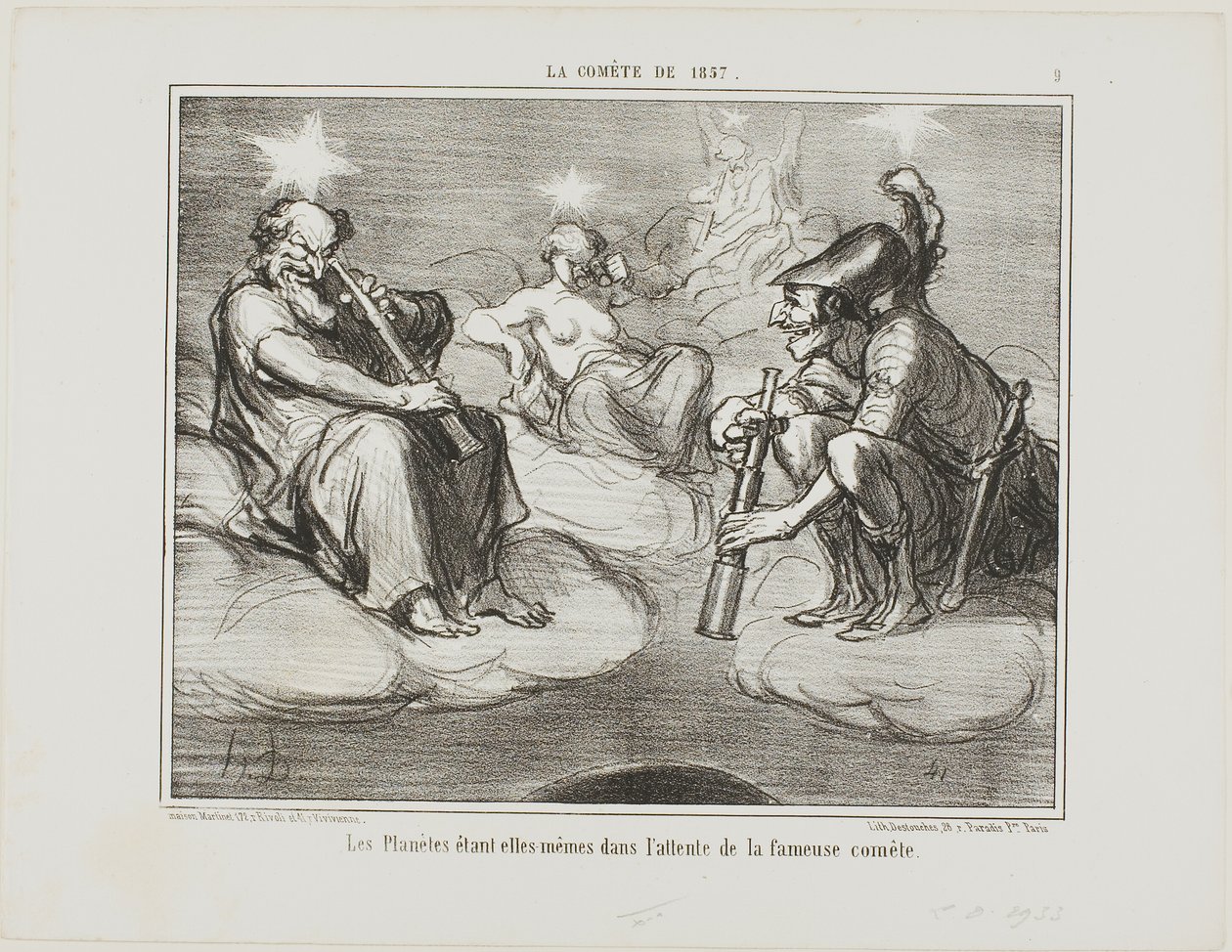 Selv planeterne ser med interesse på den berømte komets ankomst, planche 9 fra La Cométe De 1857 af Honoré Victorin Daumier