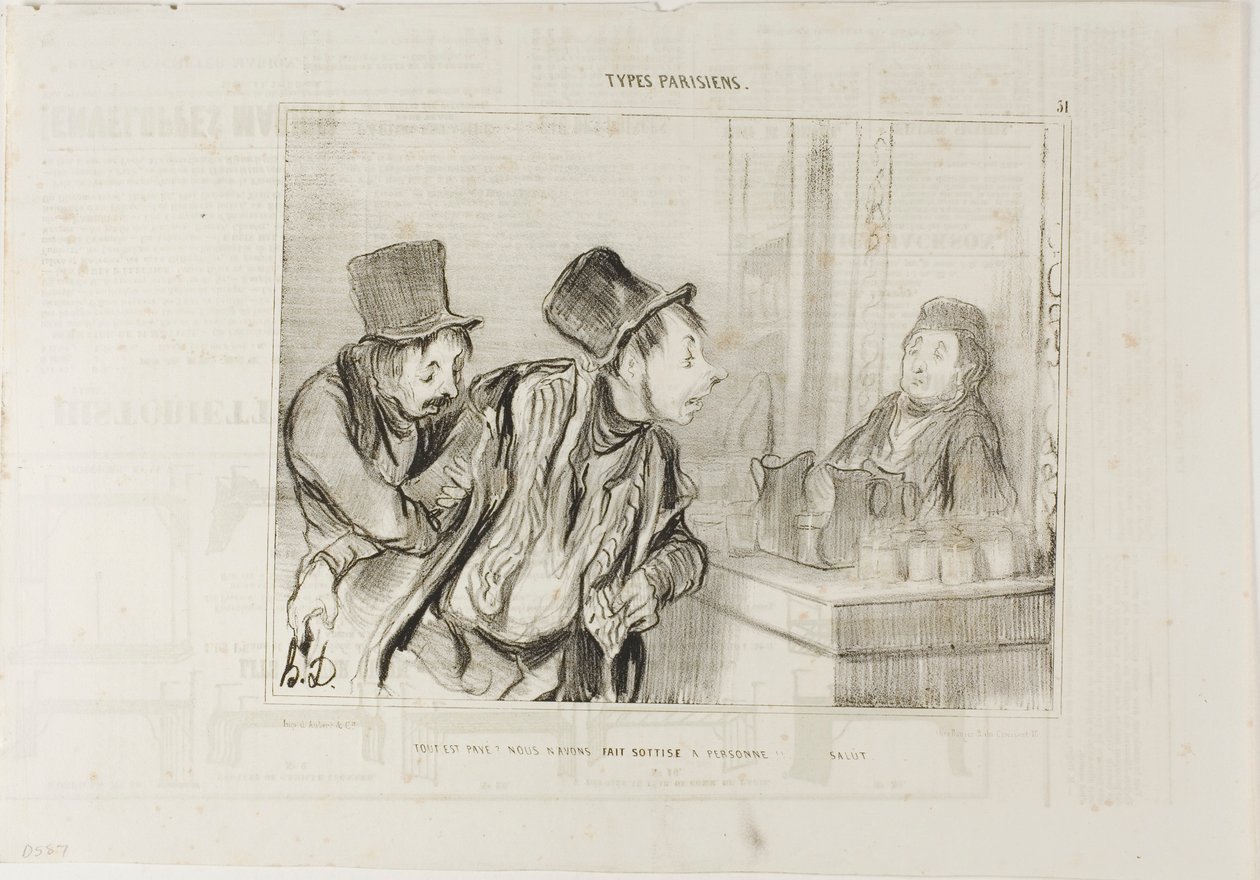 "Er alt betalt Og vi har ikke fornærmet nogen ... Farvel", plade 31 fra Types Parisiens af Honoré Victorin Daumier