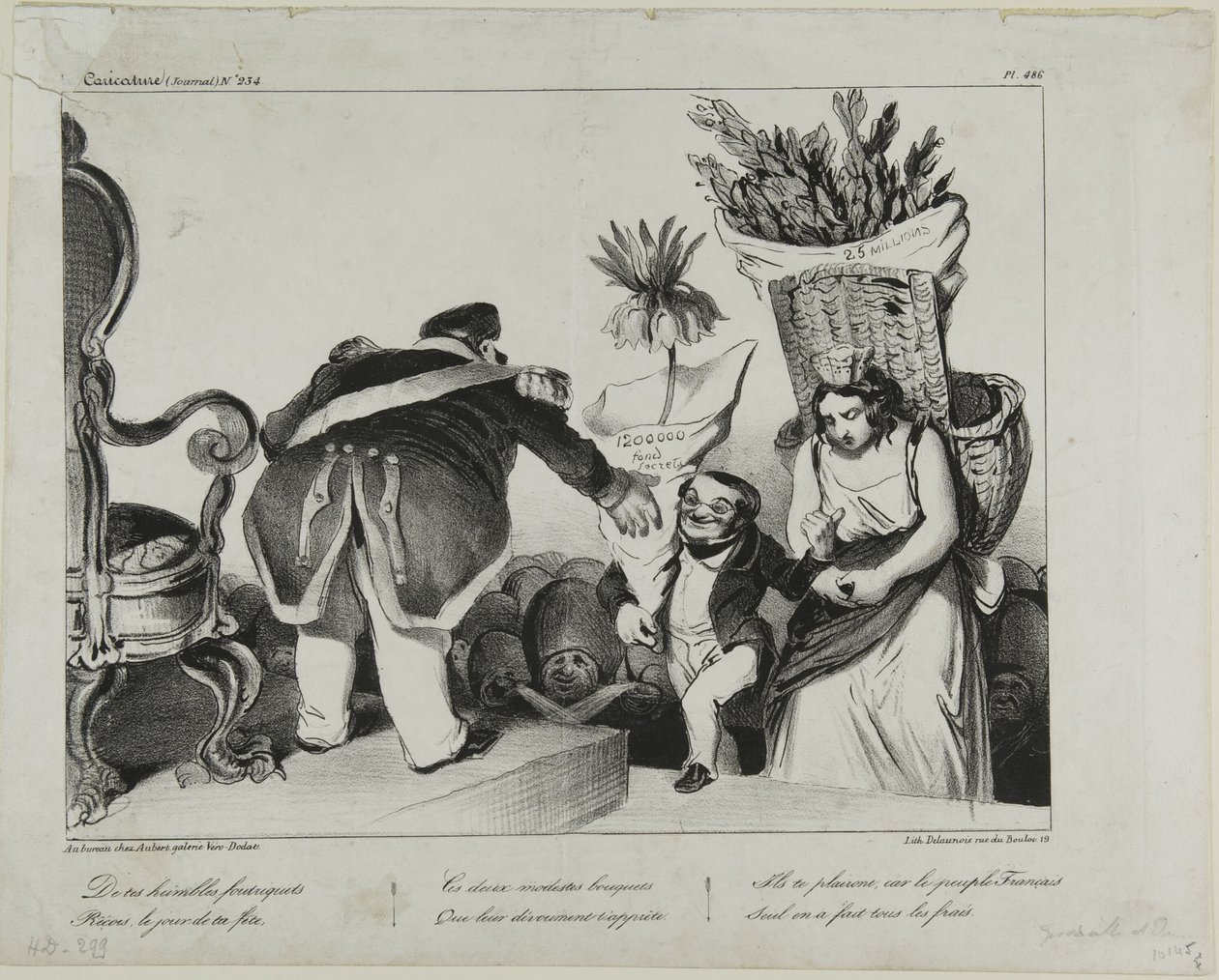 "Fra dine lydige undersåtter modtager du på din æresdag disse to beskedne blomsterbuketter. De vil gøre dig glad, da det franske folk alene har overtaget omkostningerne," plade 486 af Honoré Victorin Daumier