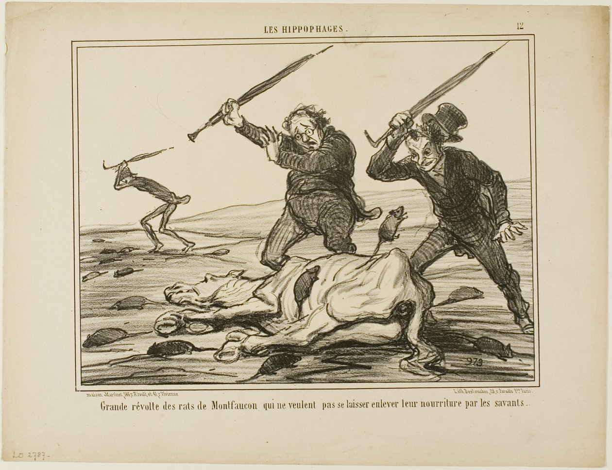 Stort oprør fra rotterne i Montfaucon, som ikke vil have, at deres foder bliver taget fra dem af forskere, planche 12 fra Les Hippophages af Honoré Victorin Daumier