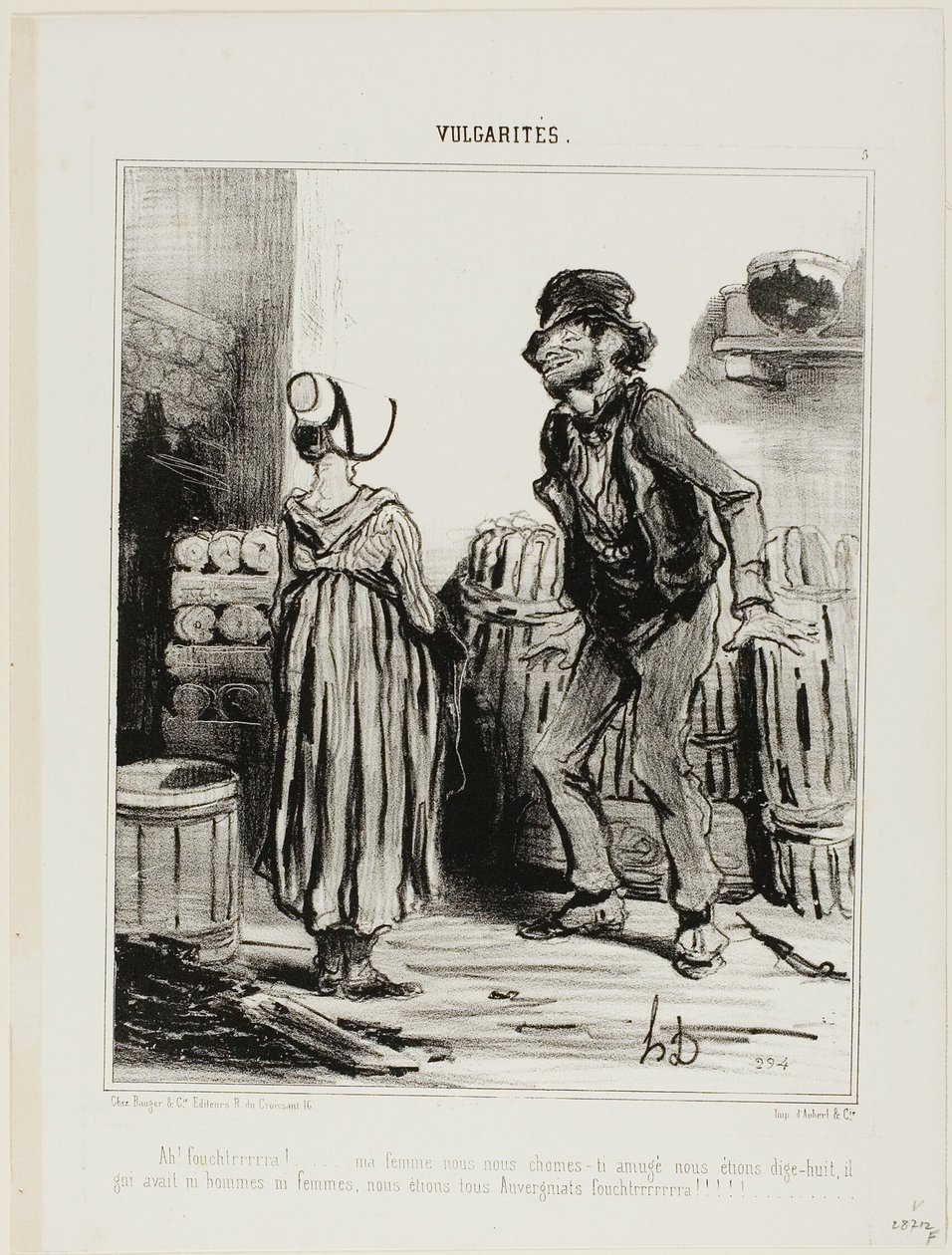 "Ha! Dammmmmnit kone ... hvor sjovt vi havde det, da vi var atten.... ingen mænd ingen kvinder..... bare os folk fra Auvergne," plade 5 fra Vulgarités af Honoré Victorin Daumier