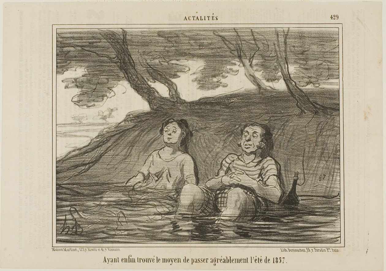 Efter endelig at have fundet løsningen på at tilbringe sommeren 1857 på en behagelig måde, planche 429 fra Actualités af Honoré Victorin Daumier