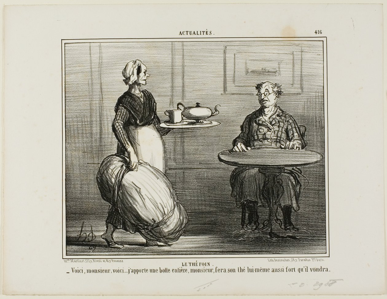 Urtete. "- Værsgo, monsieur, jeg tænkte, at jeg ville tage hele pakken med hø med, så du selv kan bestemme styrken af din te," siger tallerken 416 fra Actualités. af Honoré Victorin Daumier