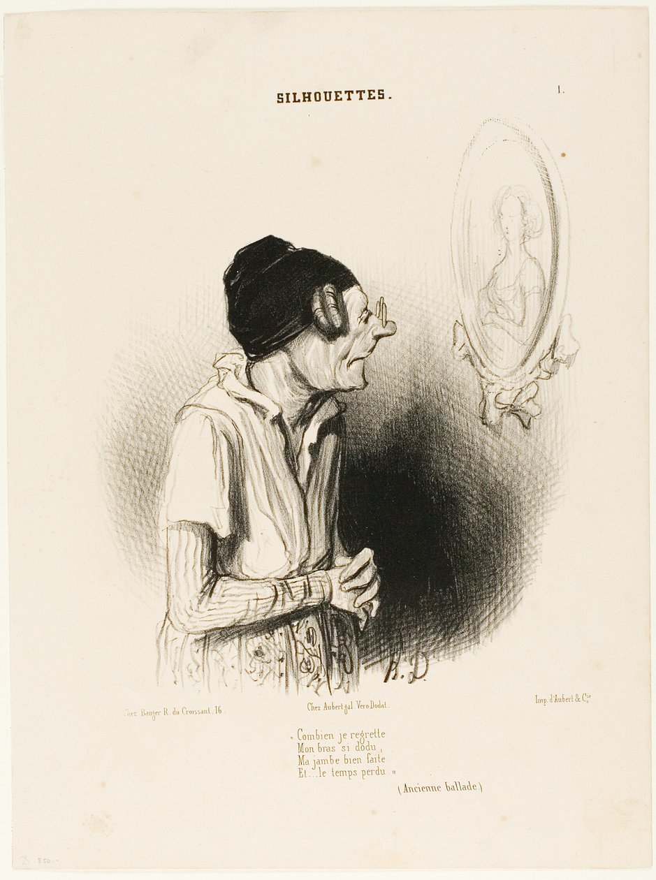 "Hvor meget jeg dog fortryder. Mine arme var engang så stærke, mine ben aldrig fede, og intet gik galt" (en gammel sang), plade 1 fra Silhouettes af Honoré Victorin Daumier