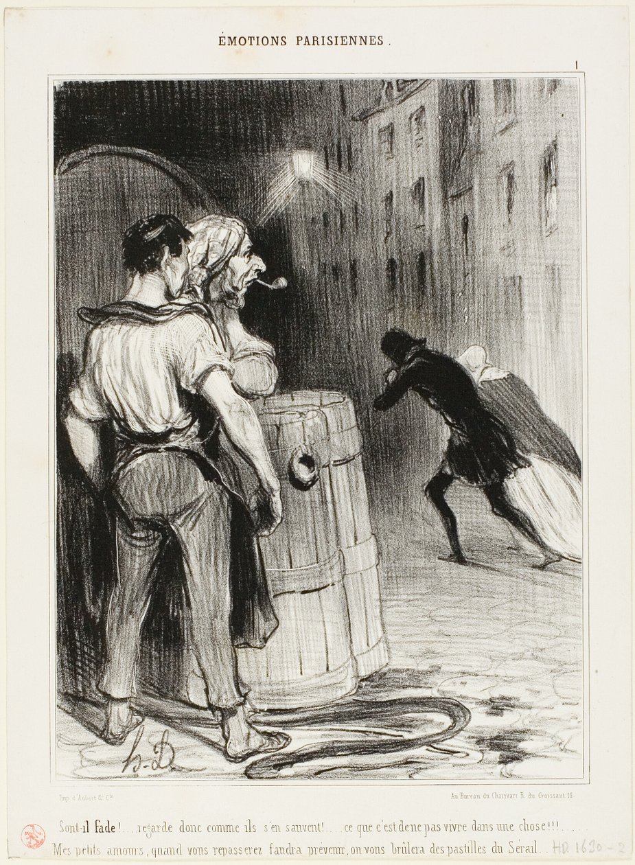 "Hvor fjollet! Se bare, hvordan de løber. Det er, hvad man får, når man er det forkerte sted. Bare vent! Næste gang siger du til i forvejen, så skal vi nok passe godt på dig...", plade 1 fra Émotions Parisiennes af Honoré Victorin Daumier