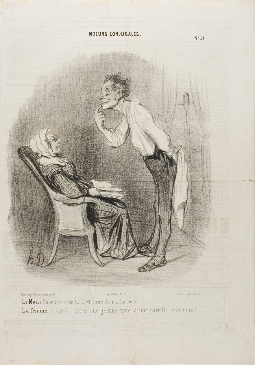 Ægtemand: "Min kære, hvad med et første kys på min hage" Konen (ved siden af): "Tænk, at jeg er gift med dette ansigt!", plade 21 fra Moeurs Conjugalesa af Honoré Victorin Daumier