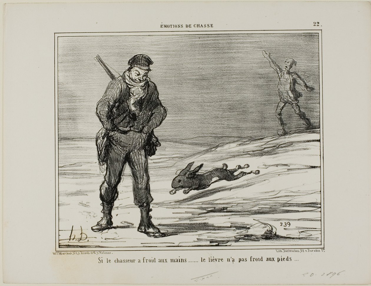 Hvis jægeren har kolde hænder ... haren har ikke kolde fødder, plade 22 fra Émotions De Chasse af Honoré Victorin Daumier