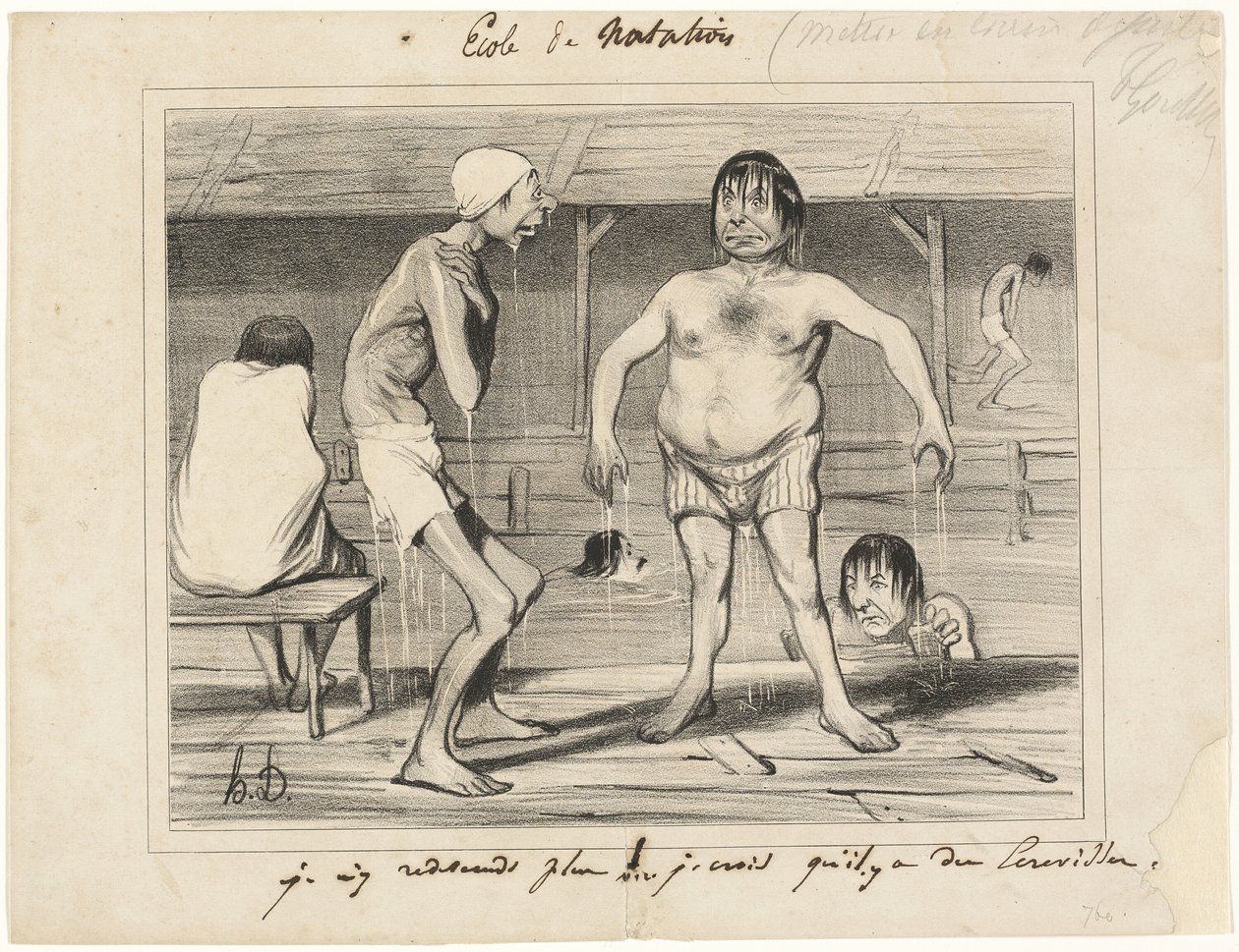 Jeg går ikke derind mere! - Jeg tror, der er krebs dernede ..., plade 1 fra Les Baigneurs af Honoré Victorin Daumier
