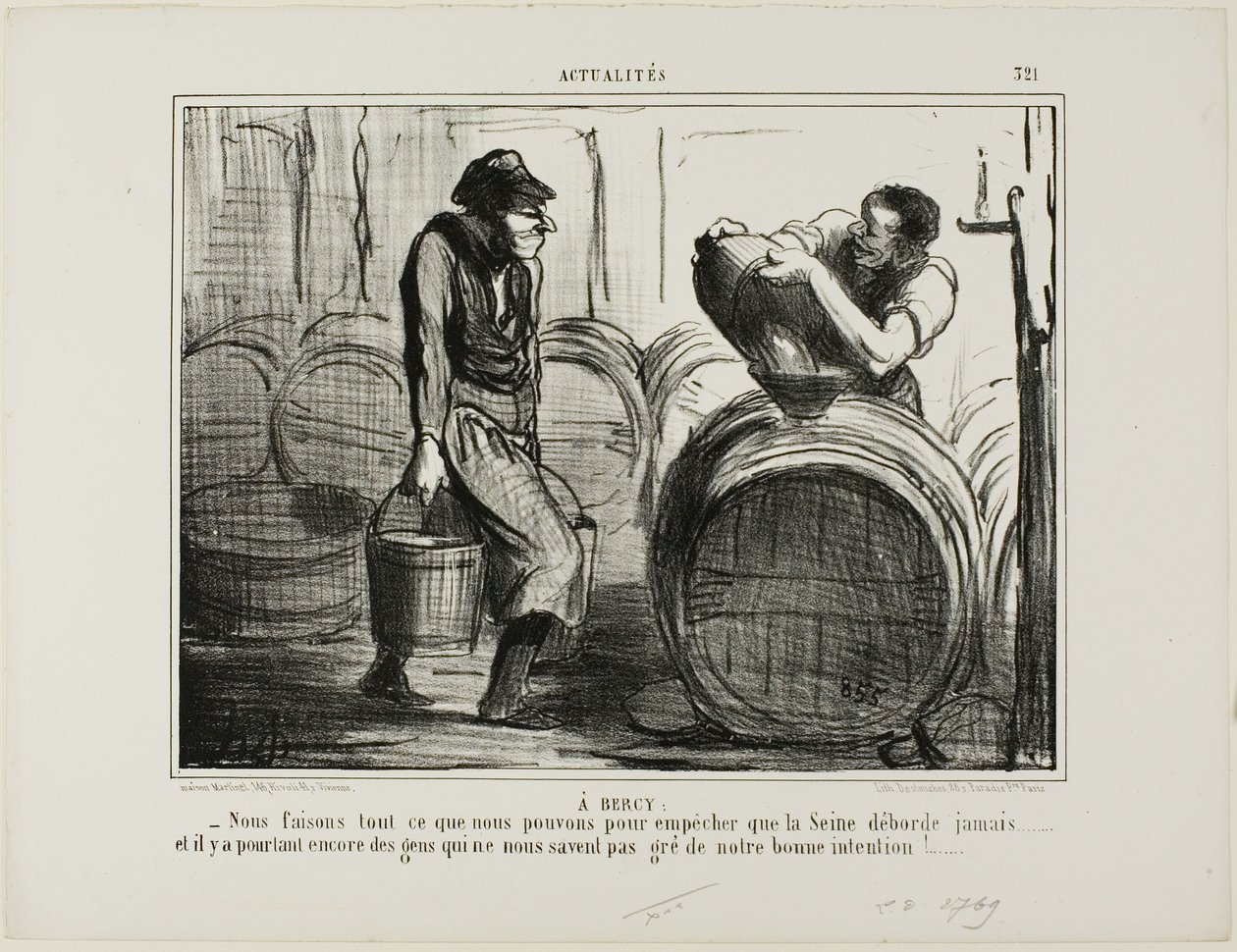 I Bercy. "Vi gør alt for at undgå, at Seinen flyder over ... og der er stadig folk, der sætter spørgsmålstegn ved vores gode intentioner," siger plate 321 fra Actualités. af Honoré Victorin Daumier
