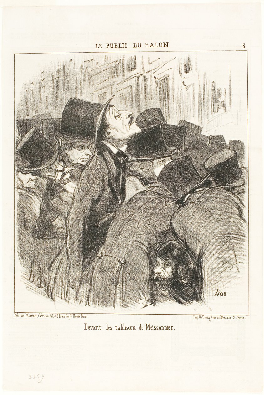Foran Meissonniers malerier, planche 3 fra Le Public Du Salon af Honoré Victorin Daumier