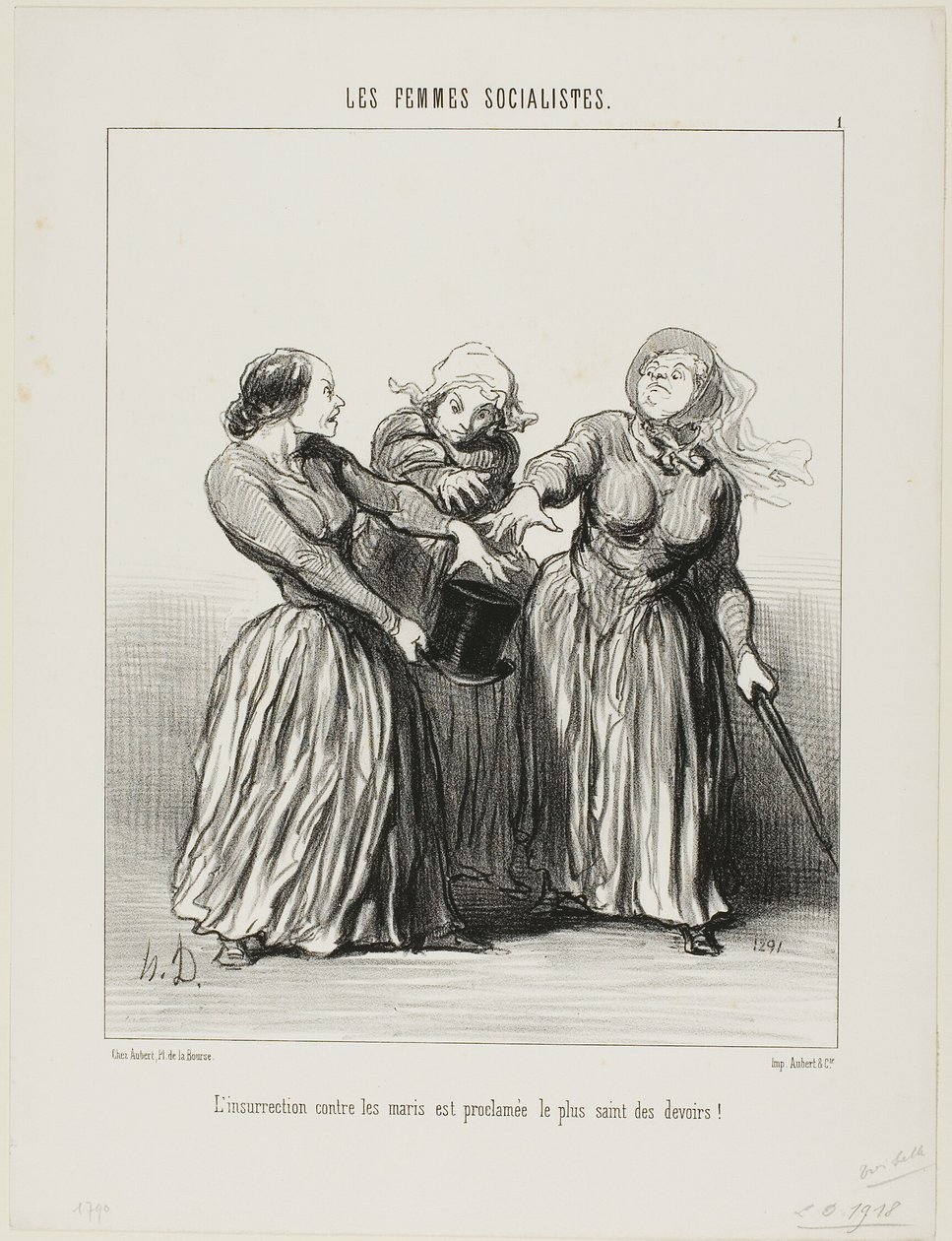 Oprør mod ægtemænd proklameres som den første og helligste pligt i livet!, planche 1 fra Les Femmes Socialistes af Honoré Victorin Daumier