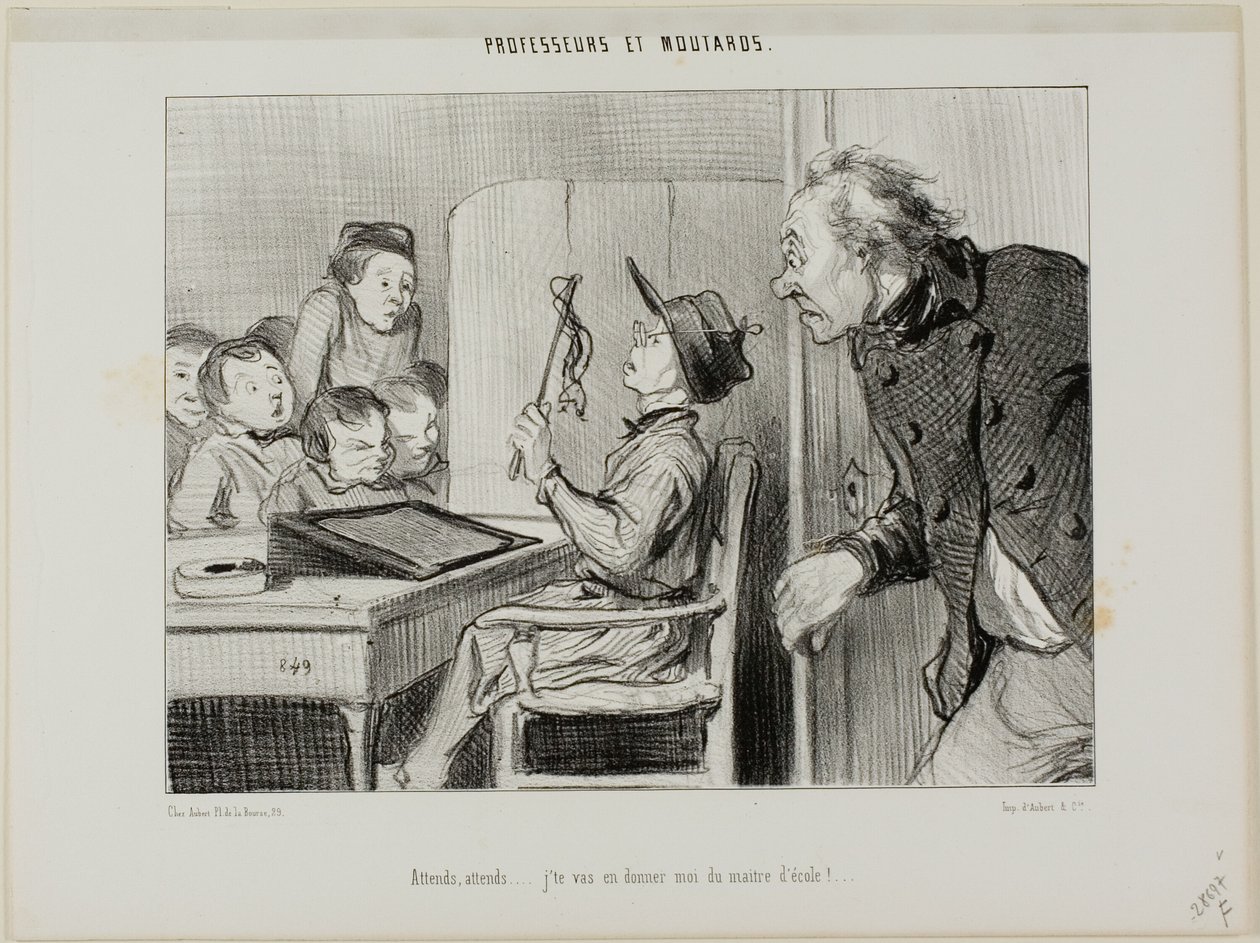 "Bare vent, jeg skal vise dig, hvem der er læreren her ...", plade 11 fra Professeurs Et Moutards af Honoré Victorin Daumier