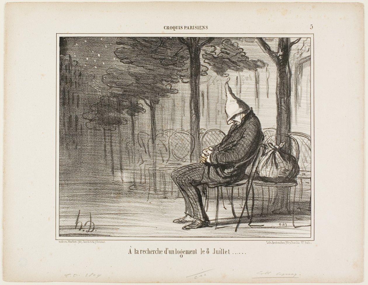 På udkig efter en overnatning den ottende juli, plade 5 fra Croquis Parisiens af Honoré Victorin Daumier