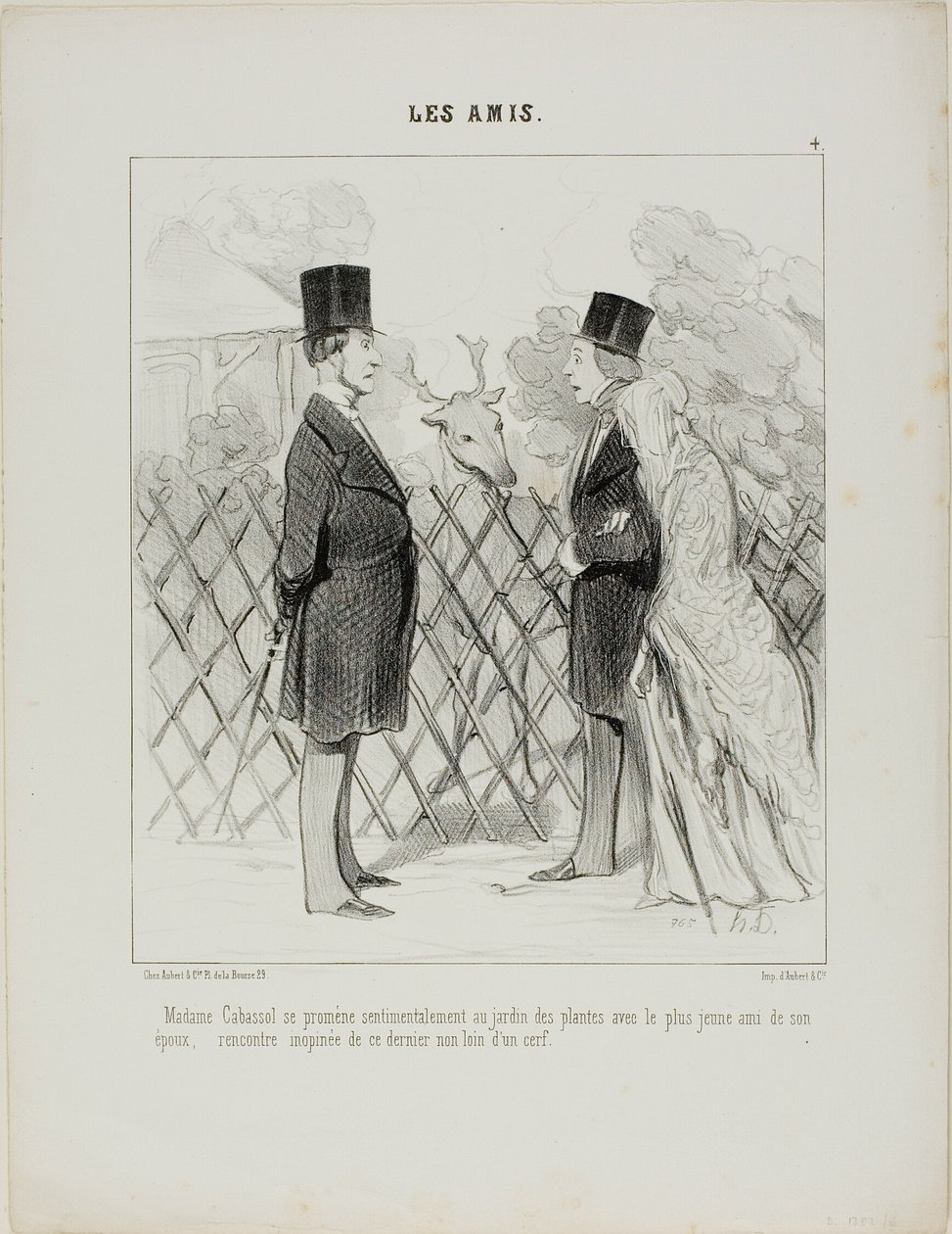 Madame Cabassol går en romantisk tur i den botaniske have sammen med sin mands yngste veninde. Pludseligt møde med sidstnævnte ikke langt fra en kronhjort, planche 4 fra Les Amis af Honoré Victorin Daumier